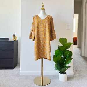 Yellow Floral Midi Dress with Bell Sleeves L